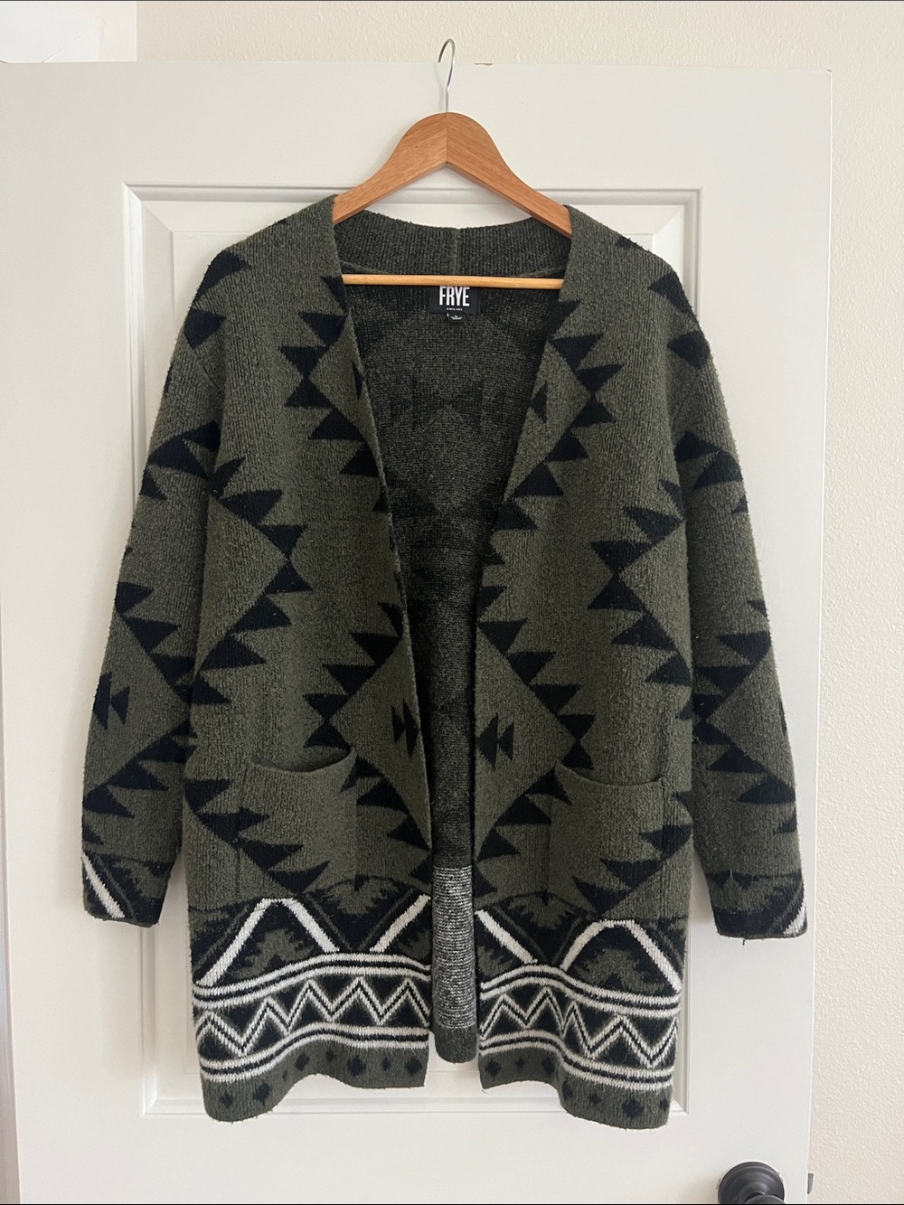 Frye Olive & Black Geometric Cardigan with White Accent Tribal Western Boho